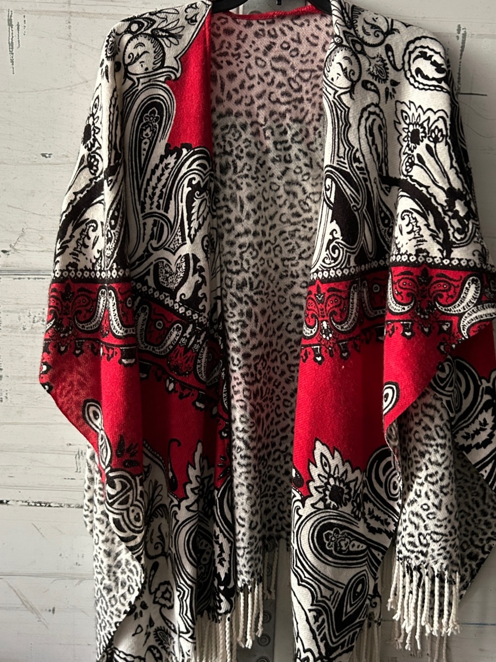 Patterned Fringe Shawl Wrap in Red, Black & White